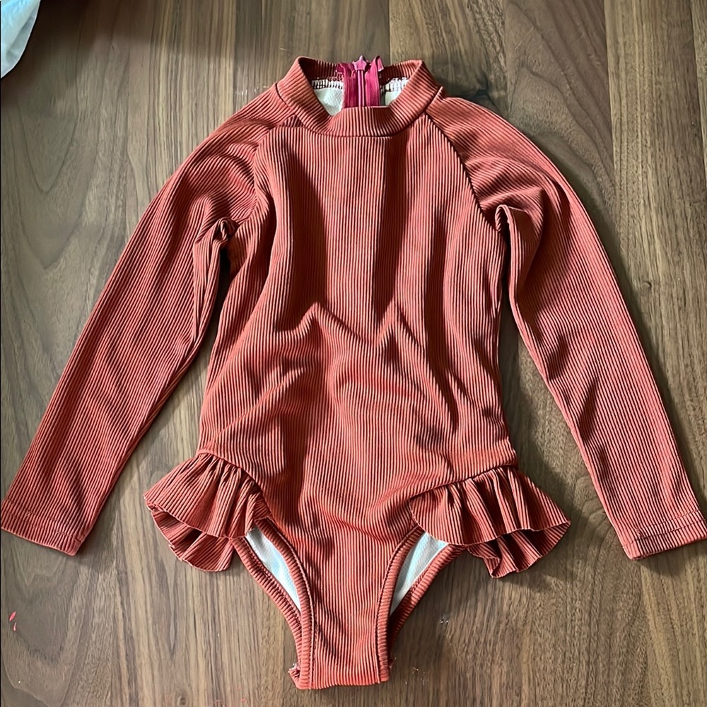 Rust Long Sleeve Swimsuit with Ruffle Details